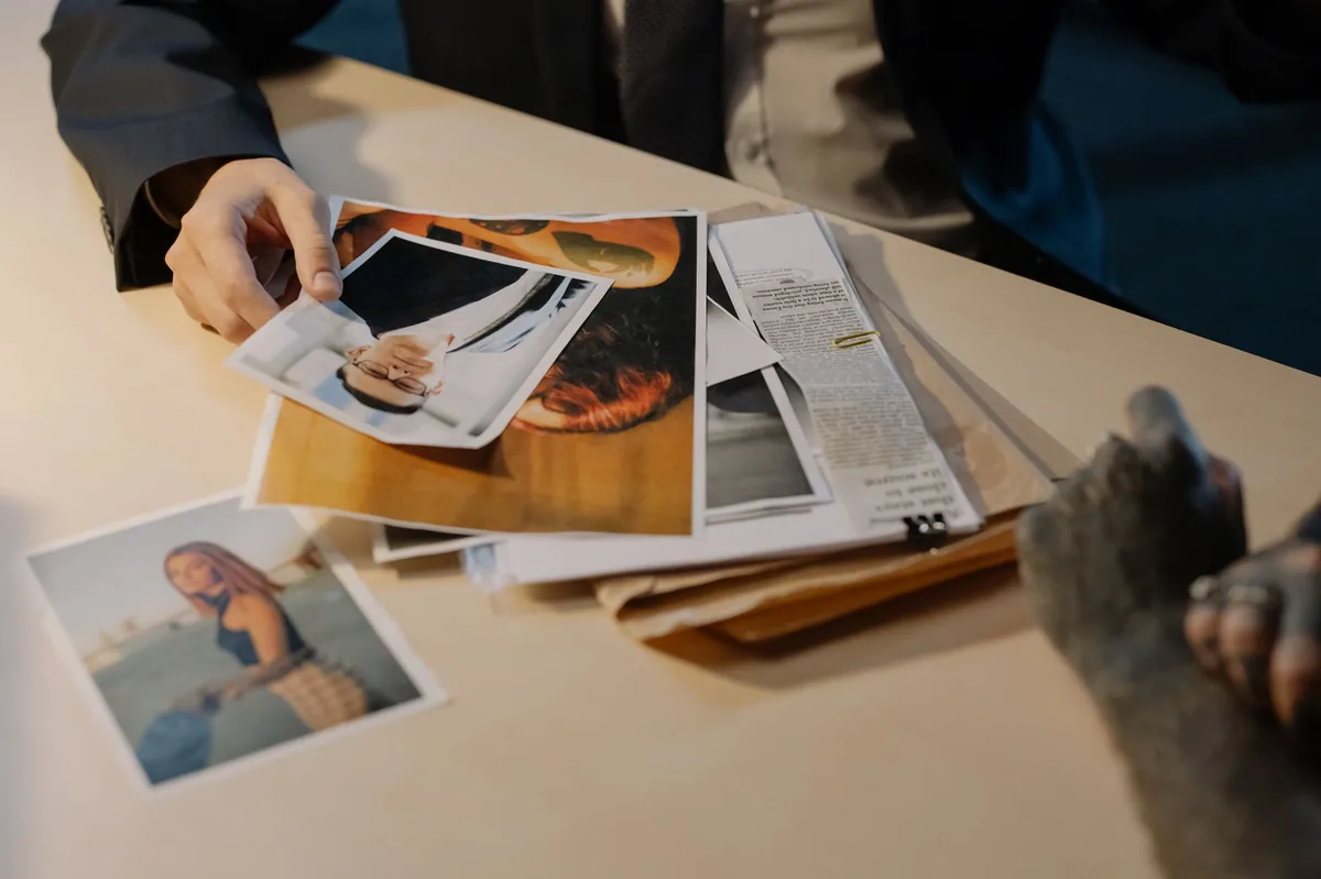Mãos analisando fotos e documentos de um dossiê sobre uma mesa, ilustrando a prova lícita que o detetive entrega no final da investigação